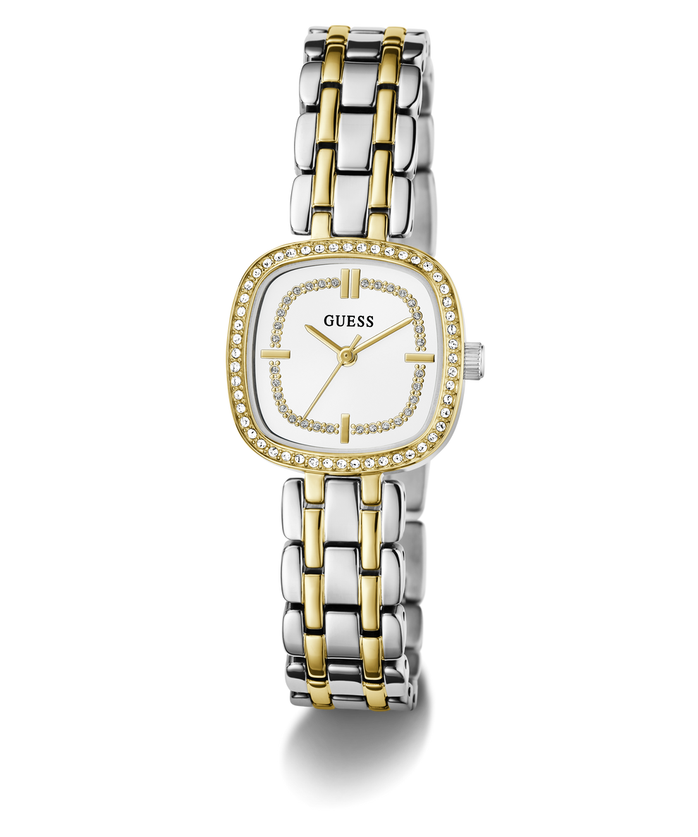 GUESS Ladies Hazel 2-Tone Analog Watch with a white face on a white background