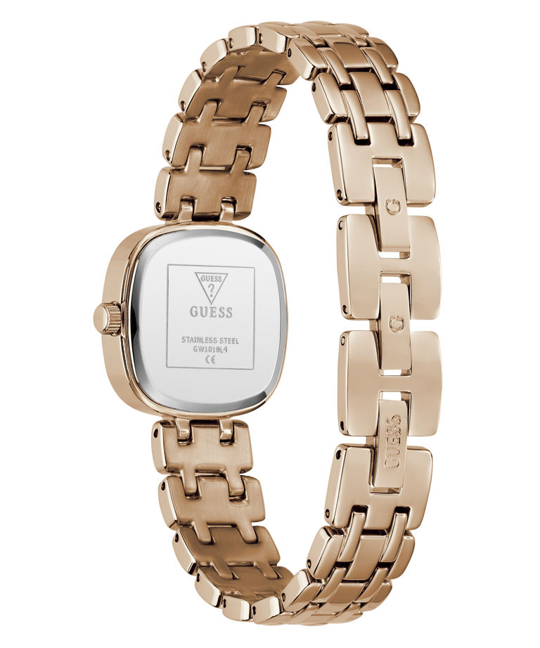 Rose Gold watch with a chain-like band on a white background