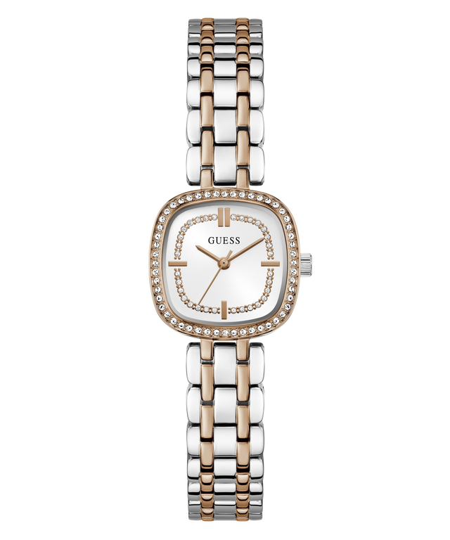 GUESS Ladies Hazel 2-Tone Analog Watch with a white face on a white background