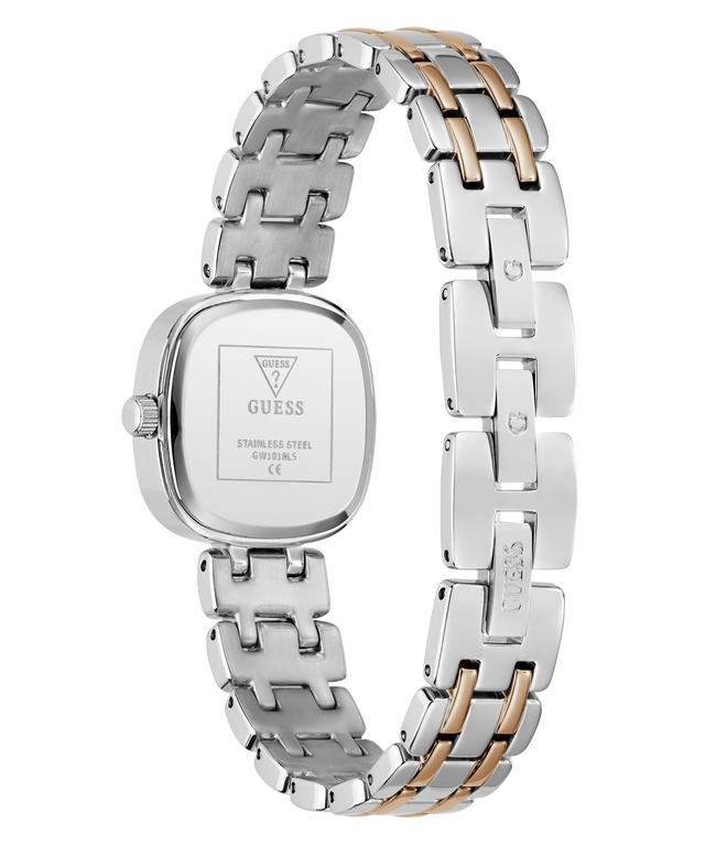 Two-tone silver and rose gold watch with visible brand logo on a white background