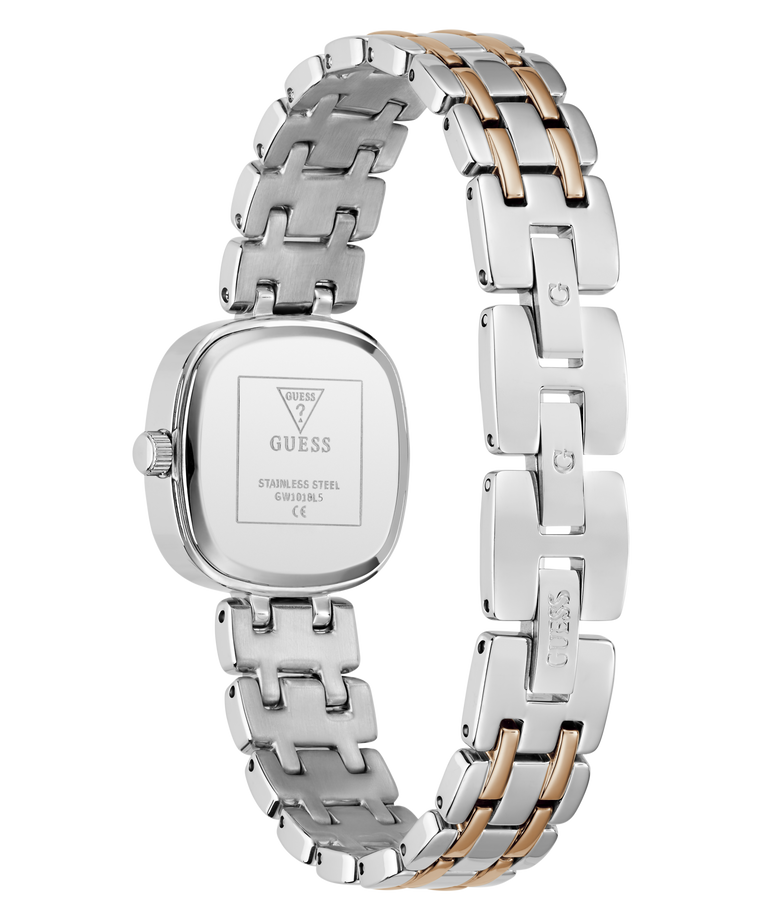 Two-tone silver and rose gold watch with visible brand logo on a white background