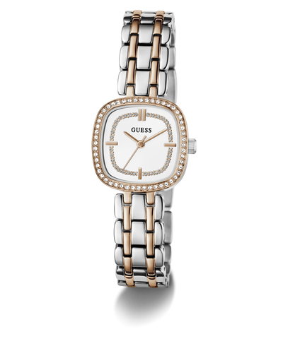 GUESS Ladies Hazel 2-Tone Analog Watch with a white face on a white background