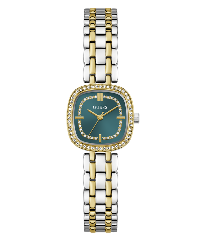 GUESS Ladies Hazel 2-Tone Analog Watch with a green face on a white background