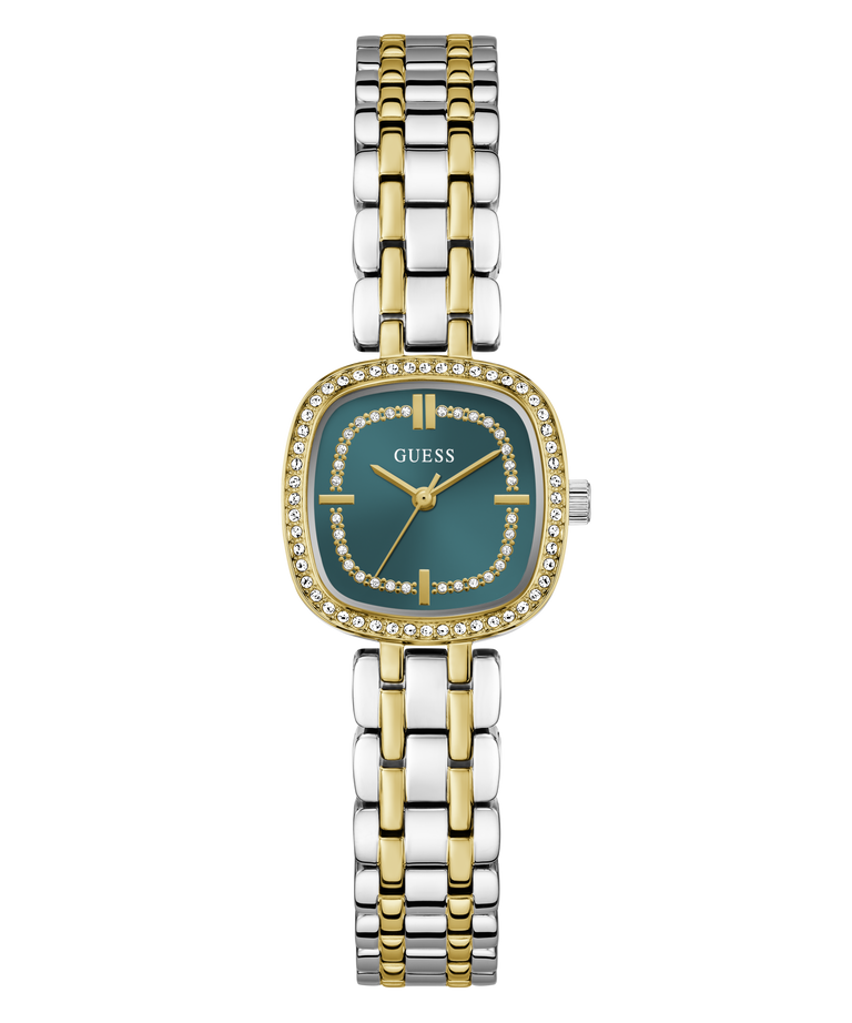 GUESS Ladies Hazel 2-Tone Analog Watch with a green face on a white background