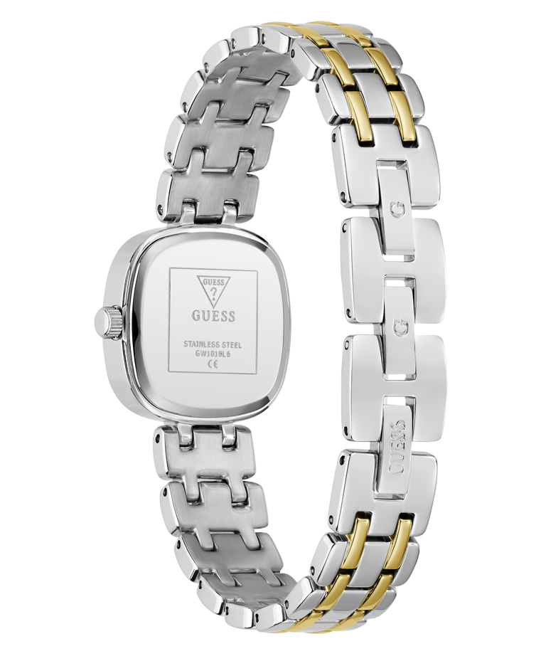 Two-tone silver and gold watch with visible brand logo on a white background