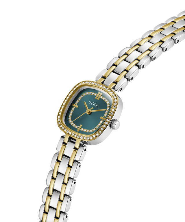 GUESS Ladies Hazel 2-Tone Analog Watch with a green face on a white background lifestyle