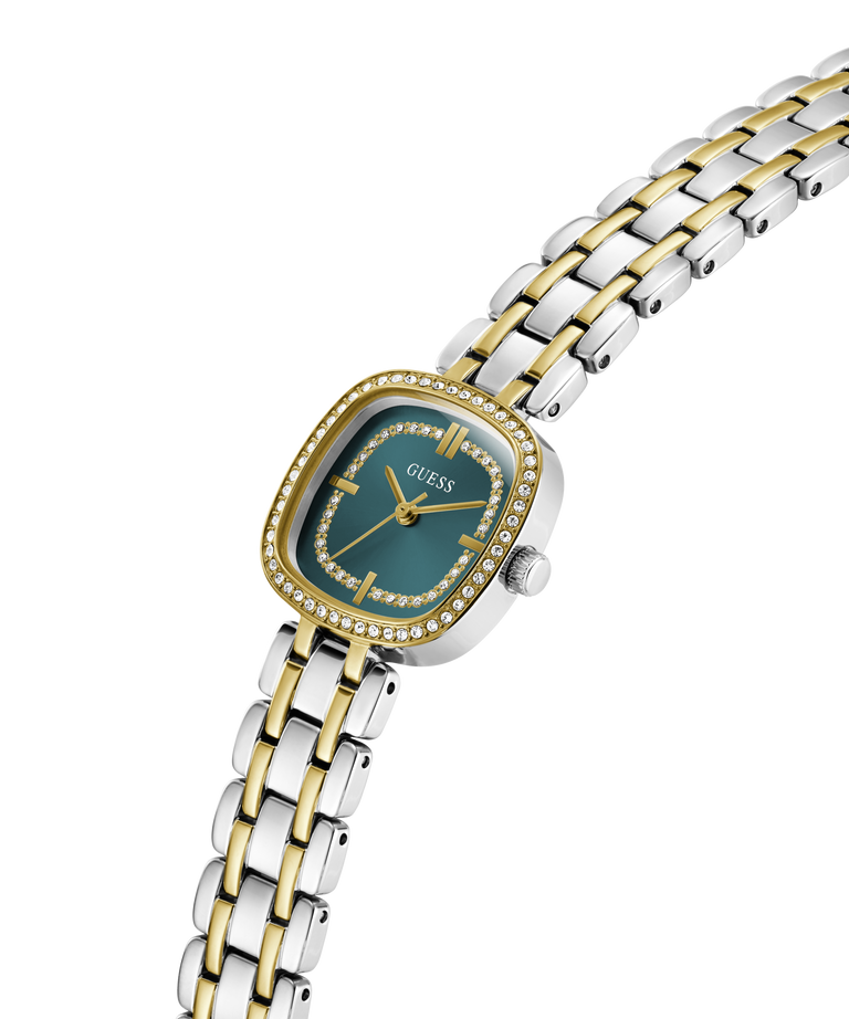 GUESS Ladies Hazel 2-Tone Analog Watch with a green face on a white background lifestyle