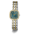 GUESS Ladies Hazel 2-Tone Analog Watch with a green face on a white background