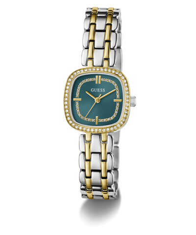 GUESS Ladies Hazel 2-Tone Analog Watch with a green face on a white background