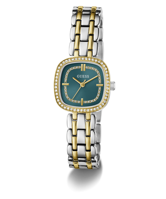 GUESS Ladies Hazel 2-Tone Analog Watch with a green face on a white background