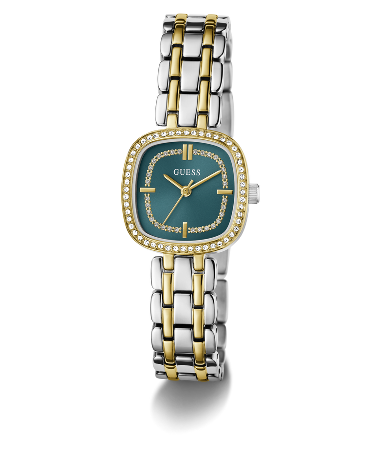 GUESS Ladies Hazel 2-Tone Analog Watch with a green face on a white background
