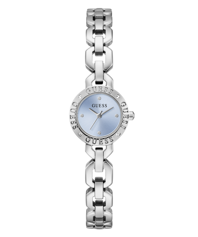 GUESS Ladies Siren Silver Tone Analog Watch with a light blue face on a white background