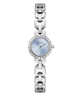 GUESS Ladies Siren Silver Tone Analog Watch with a light blue face on a white background