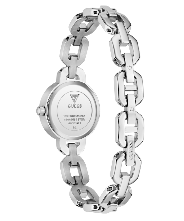 Silver chain-link GUESS Ladies Siren Silver Tone Analog Watch with Guess logo on a white background