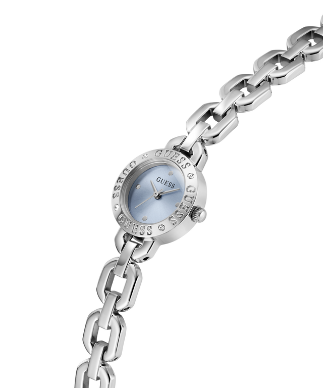 Silver chain-link GUESS Ladies Siren Silver Tone Analog Watch with a light blue face on a white background lifestyle