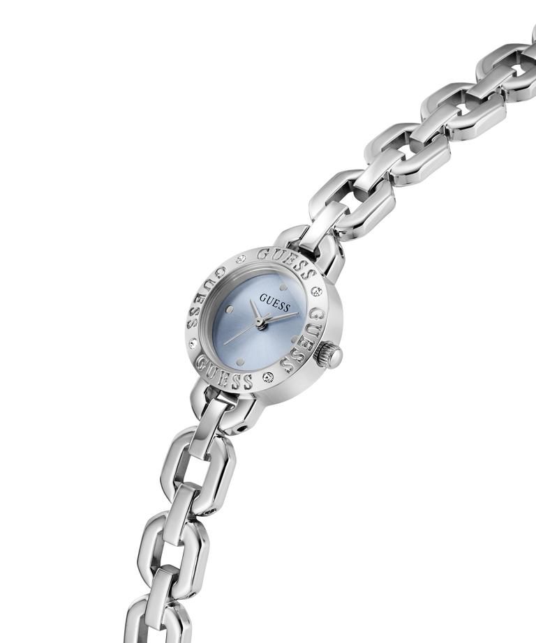 Silver chain-link GUESS Ladies Siren Silver Tone Analog Watch with a light blue face on a white background lifestyle