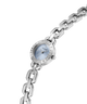 Silver chain-link GUESS Ladies Siren Silver Tone Analog Watch with a light blue face on a white background lifestyle