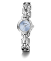 Silver chain-link GUESS Ladies Siren Silver Tone Analog Watch with a light blue face on a white background