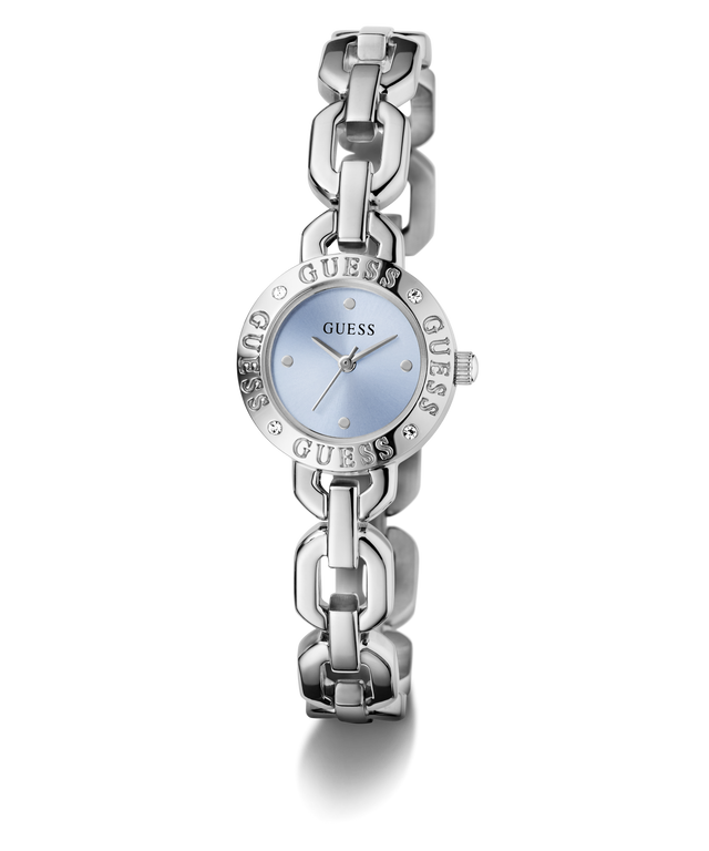 Silver chain-link GUESS Ladies Siren Silver Tone Analog Watch with a light blue face on a white background