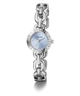 Silver chain-link GUESS Ladies Siren Silver Tone Analog Watch with a light blue face on a white background