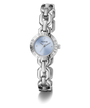 Silver chain-link GUESS Ladies Siren Silver Tone Analog Watch with a light blue face on a white background