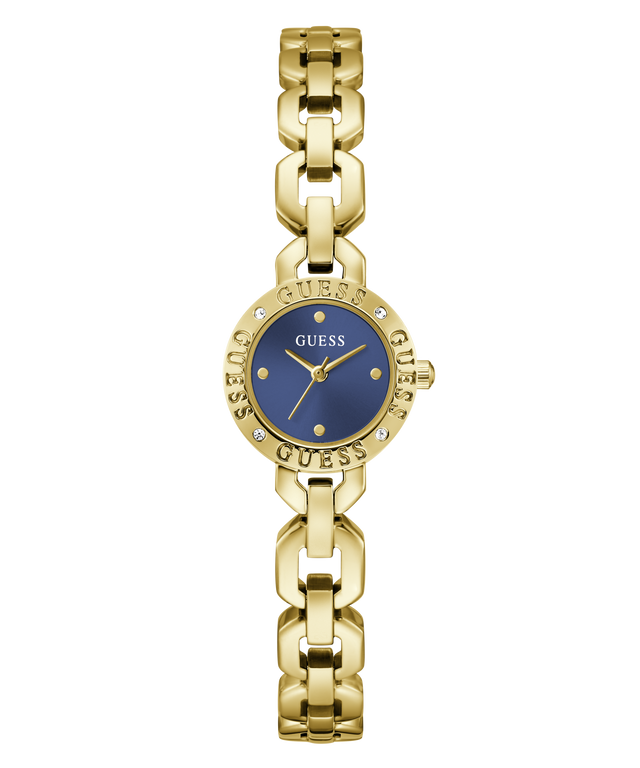 Gold GUESS Ladies Siren Gold Tone Analog Watch with a blue face on a white background