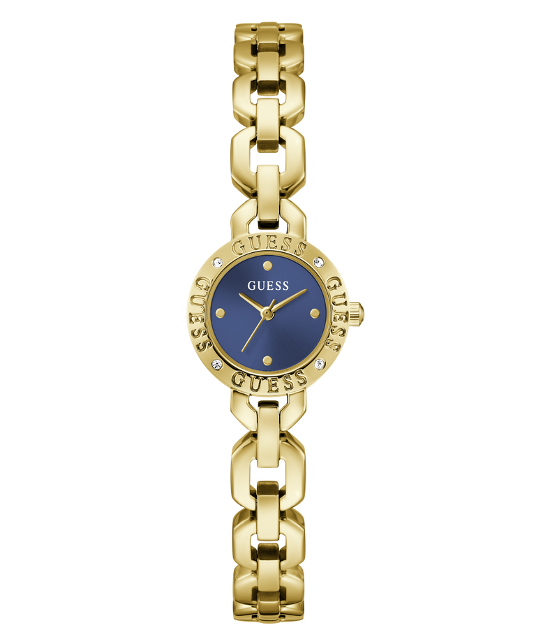 Gold GUESS Ladies Siren Gold Tone Analog Watch with a blue face on a white background