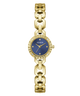 Gold GUESS Ladies Siren Gold Tone Analog Watch with a blue face on a white background