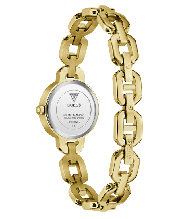 Gold chain-link GUESS Ladies Siren Gold Tone Analog Watch with visible brand logo on a white background