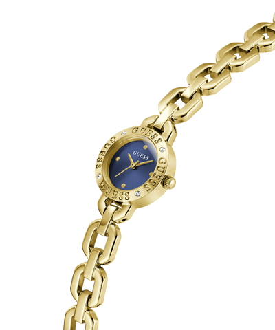 Gold chain GUESS Ladies Siren Gold Tone Analog Watch with a blue face on a white background lifestyle