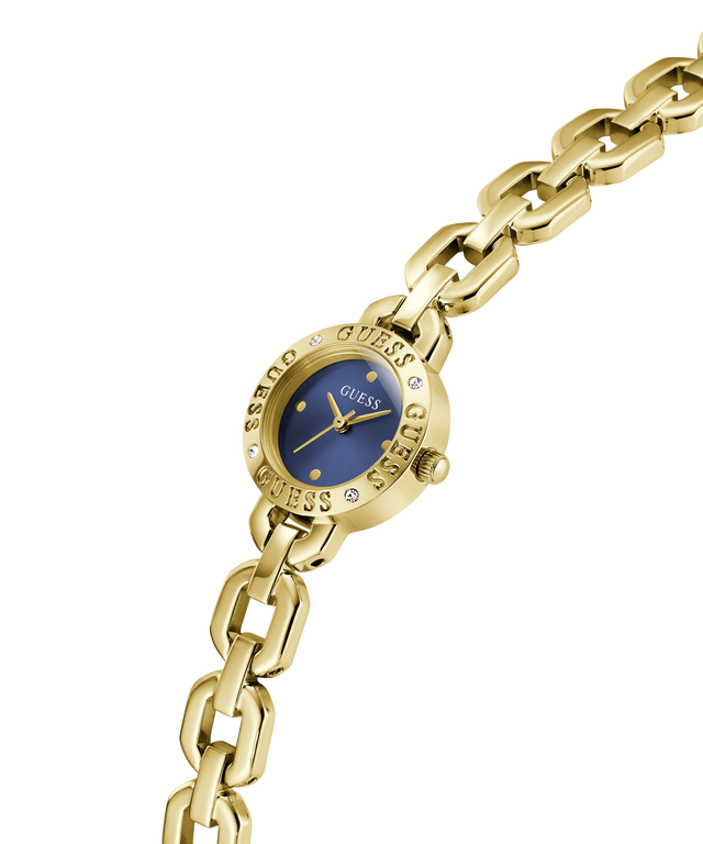 Gold chain GUESS Ladies Siren Gold Tone Analog Watch with a blue face on a white background lifestyle