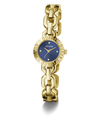 Gold chain-link GUESS Ladies Siren Gold Tone Analog Watch with blue face on a white background