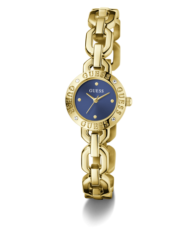 Gold chain-link GUESS Ladies Siren Gold Tone Analog Watch with blue face on a white background