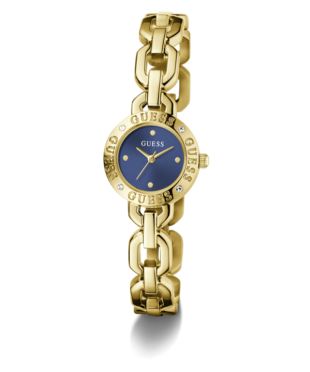 Gold chain-link GUESS Ladies Siren Gold Tone Analog Watch with blue face on a white background