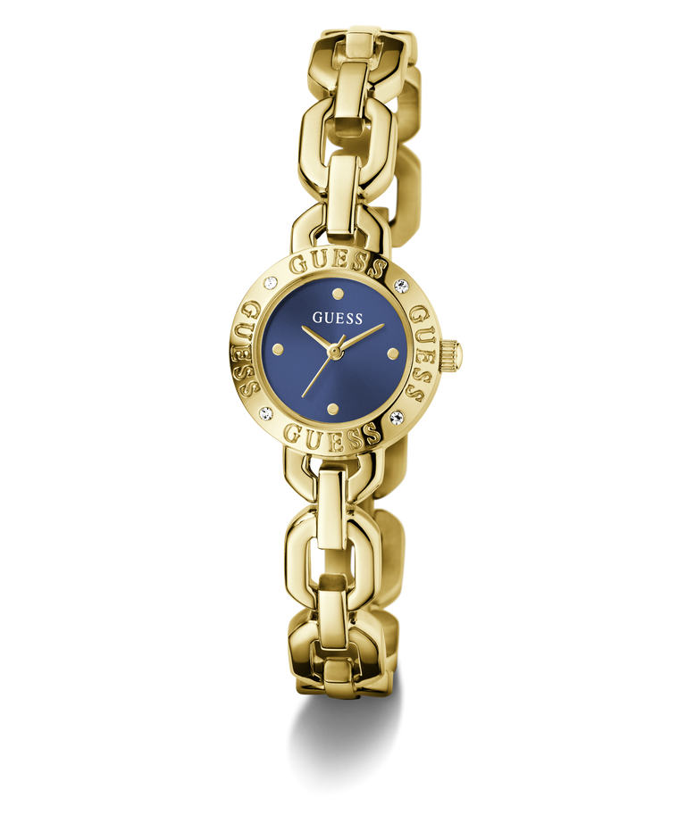 Gold chain-link GUESS Ladies Siren Gold Tone Analog Watch with blue face on a white background