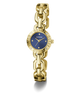 Gold chain-link GUESS Ladies Siren Gold Tone Analog Watch with blue face on a white background