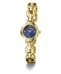 Gold chain-link GUESS Ladies Siren Gold Tone Analog Watch with blue face on a white background