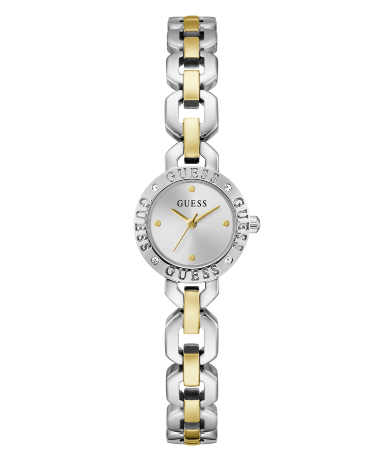 Two-tone Guess watch with silver and gold band on a white background GW1019L3