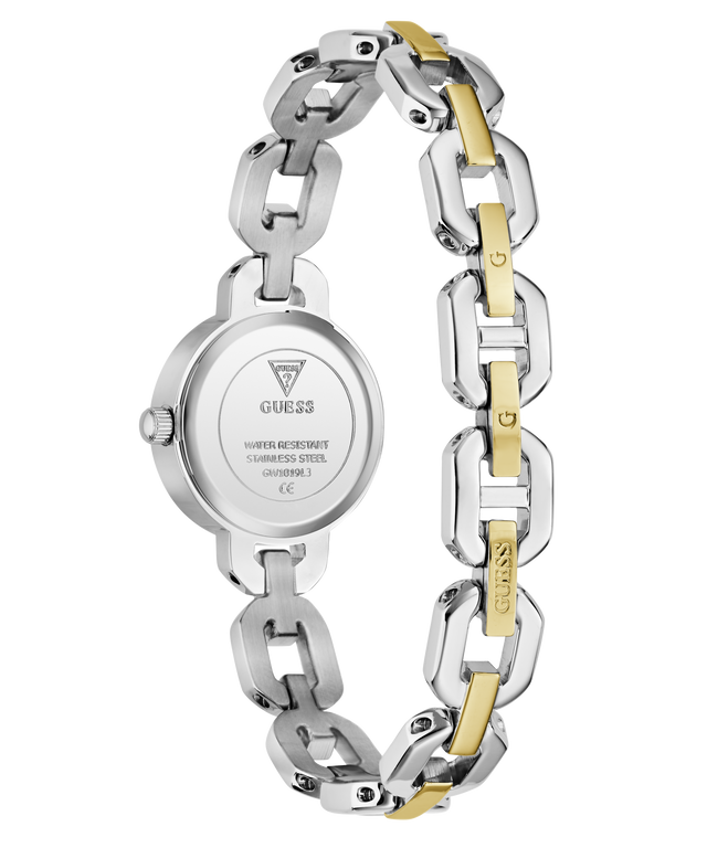 Two-tone chain-link watch with visible brand logo on a white background