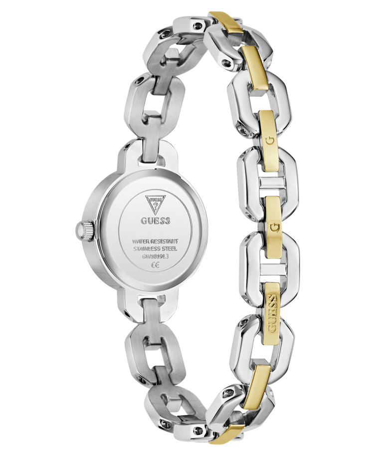 Two-tone chain-link watch with visible brand logo on a white background