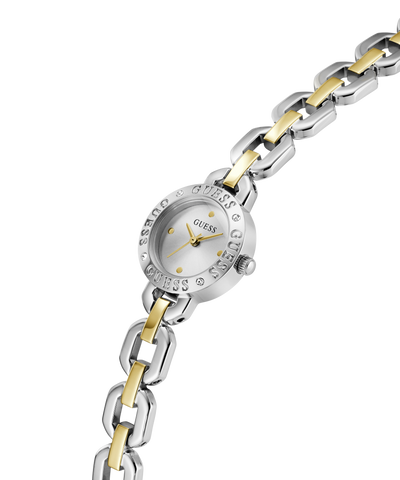 Two-tone watch with silver and gold band on a white background lifestyle