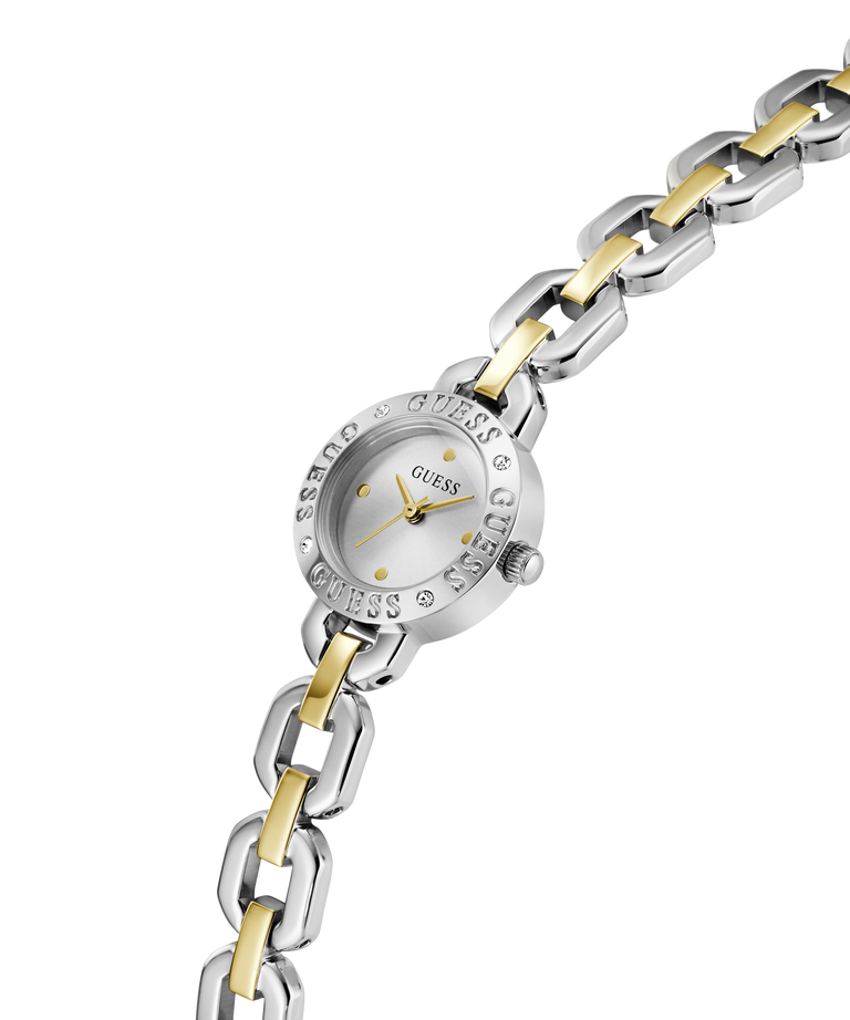 Two-tone watch with silver and gold band on a white background lifestyle