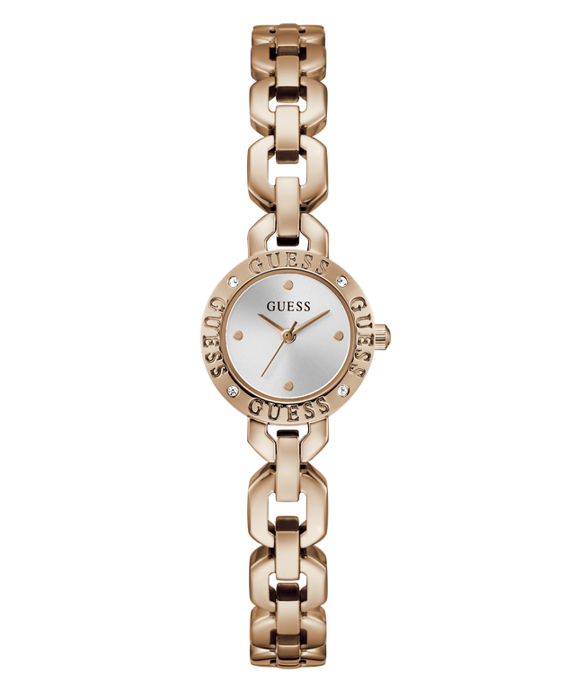 Gold chain-link GUESS Ladies Siren Rose Gold Tone Analog Watch with a white face on a white background