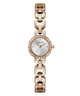 Gold chain-link GUESS Ladies Siren Rose Gold Tone Analog Watch with a white face on a white background