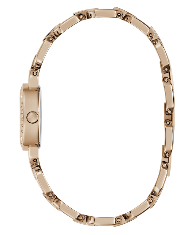 Rose gold watch with detailed design on a white background