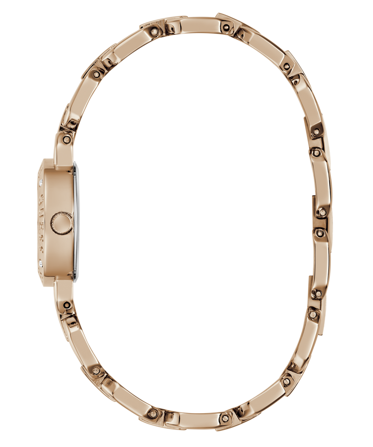 Rose gold watch with detailed design on a white background