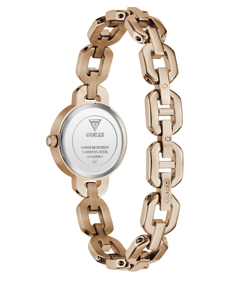 Rose gold chain-link watch with visible brand logo on a white background