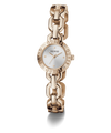 Rose gold chain-link GUESS Ladies Siren Rose Gold Tone Analog Watch with a white face on a white background
