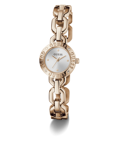 Rose gold chain-link GUESS Ladies Siren Rose Gold Tone Analog Watch with a white face on a white background