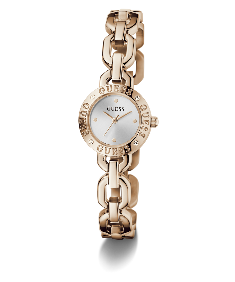 Rose gold chain-link GUESS Ladies Siren Rose Gold Tone Analog Watch with a white face on a white background